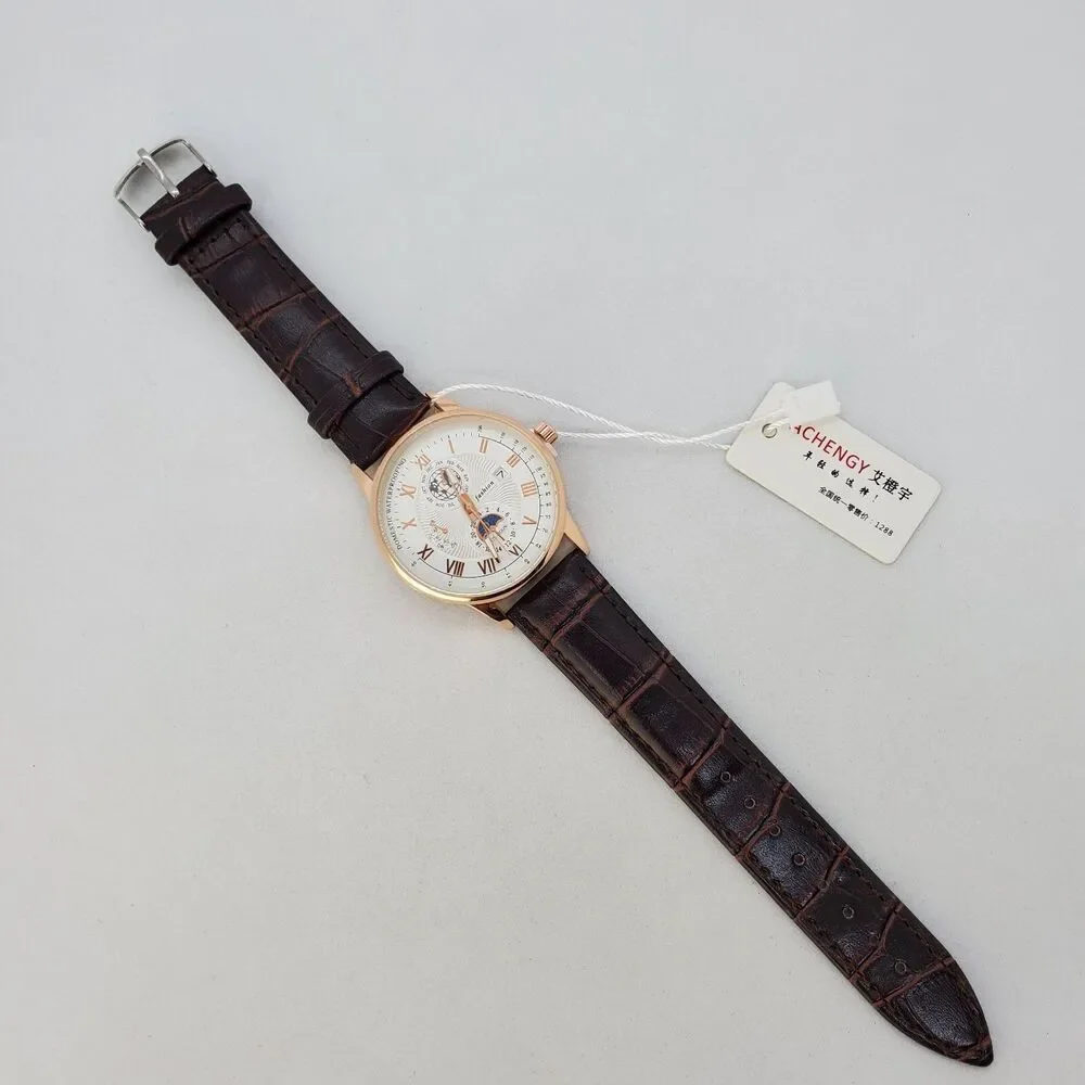 Men's 40MM Watch Gray Dial Brown Leather‎ Bands Roman Numerals Date Indicator